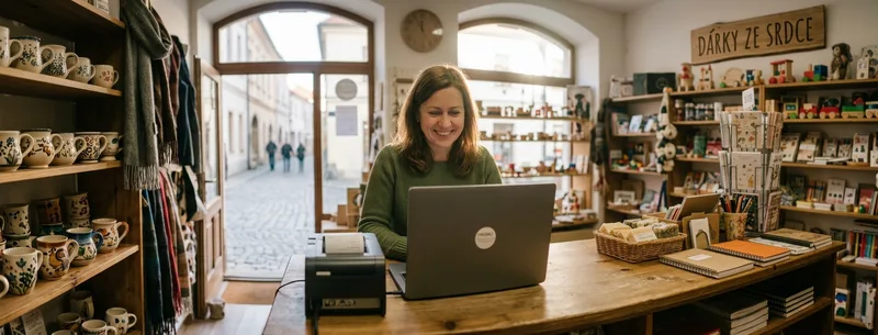 Prodavačka v obchodě s dárky markuje na notebooku s pokladnou ZaKasou a tiskárnou účtenek